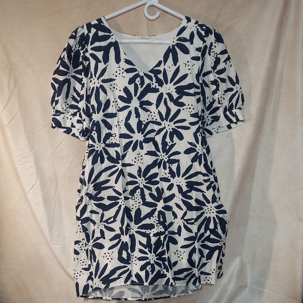 Jodifl Navy White Floral Puff Sleeve Shift Dress Pockets V-Neck Boho Mini Medium
